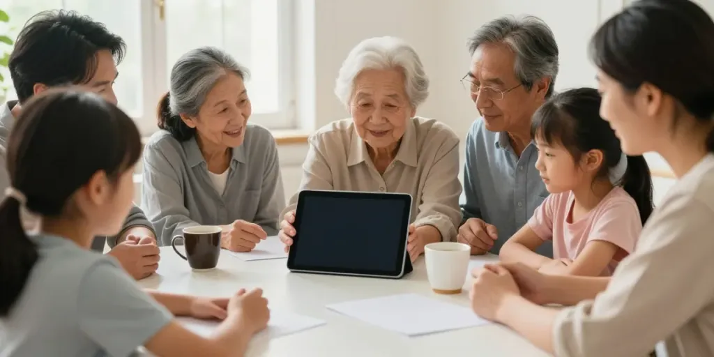 Un carnet de liaison électronique utilisé par une famille pour coordonner les soins d'un proche, montrant l'interaction chaleureuse entre les membres.