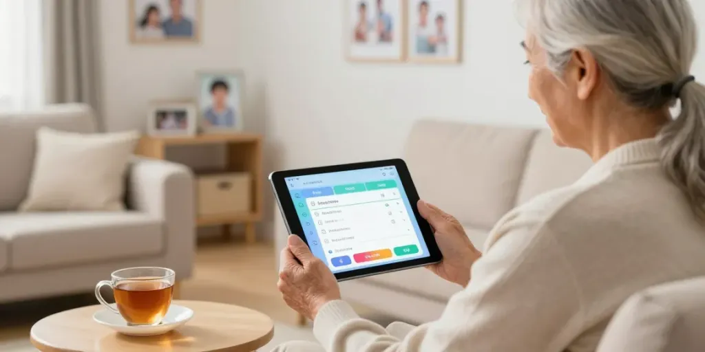 Application médicaments pour les personnes âgées sur une tablette utilisée par une personne âgée dans un environnement familial chaleureux.