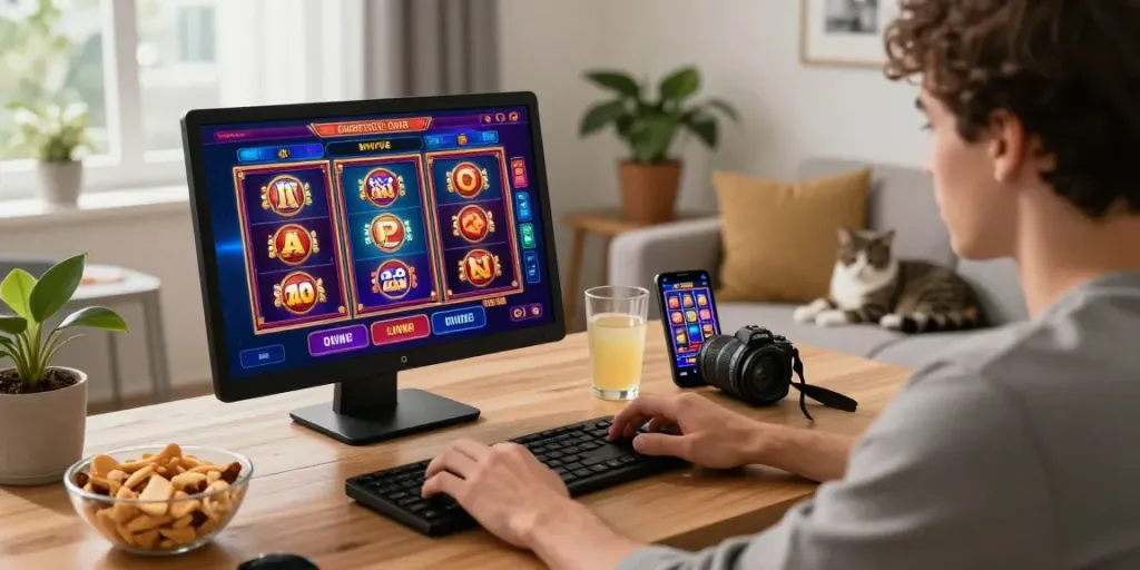 Joueur sur https://studiobarw.com/ profitant d'un casino en ligne moderne avec des machines à sous et une ambiance conviviale.