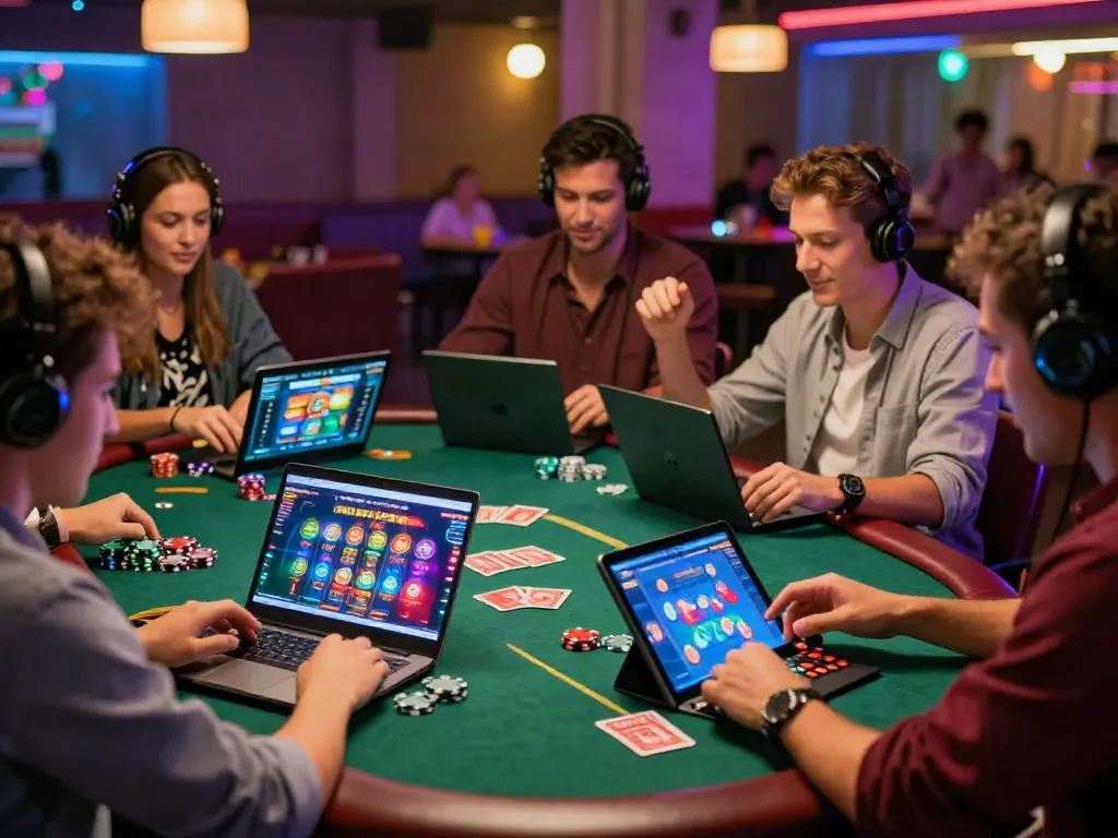 Casino En Ligne : amis jouant ensemble dans un casino en ligne, ambiance festive avec lumières colorées.