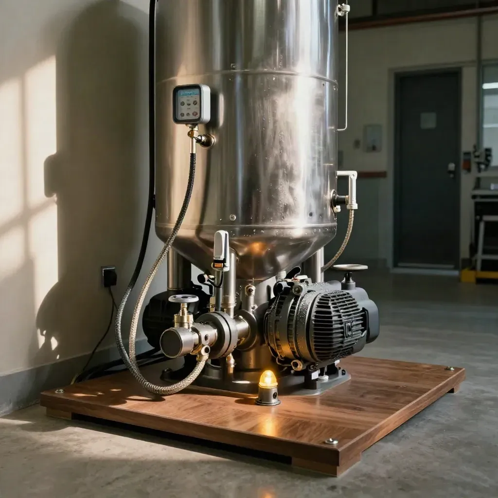 Pompe et cuve inox en salle technique, capteur de niveau discret et voyant allumé.