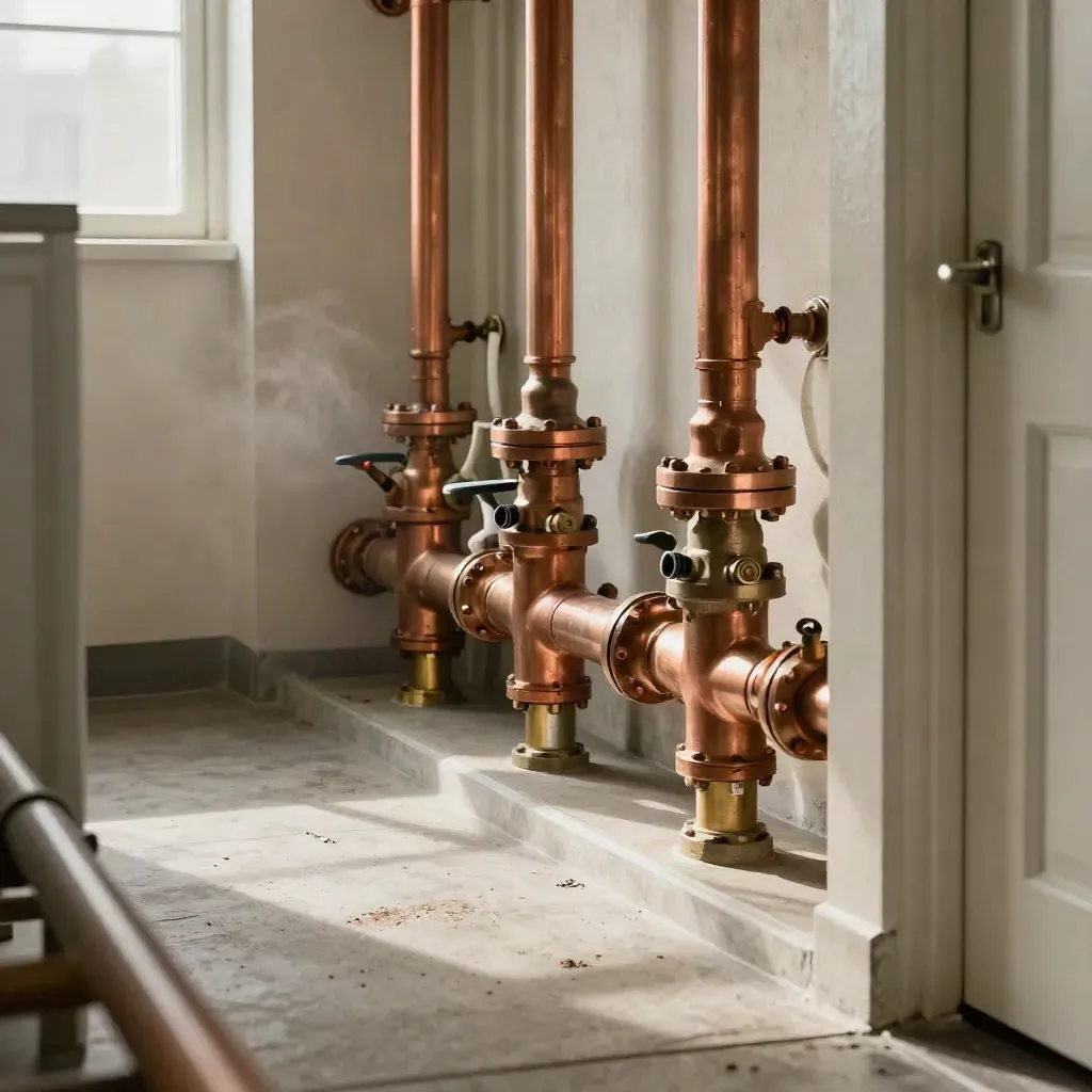 Couloir technique avec nourrices cuivre, vannes et chauffe-eau, lumière chaude et vapeur légère