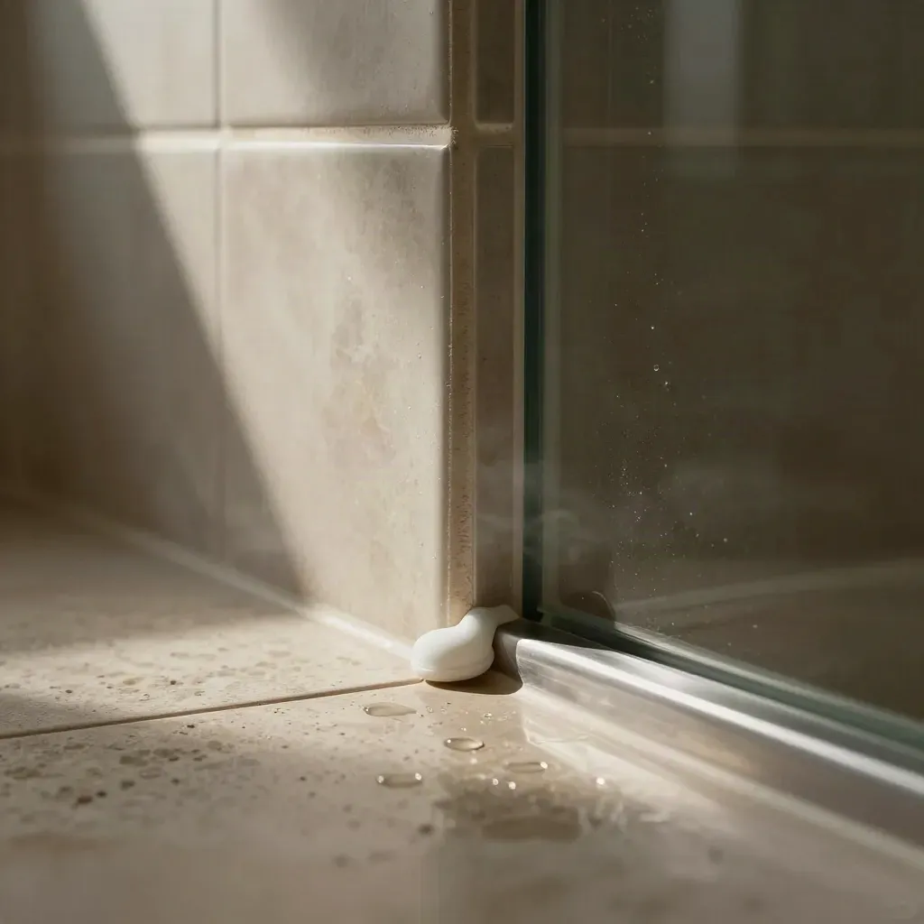 Gros plan d’un joint de douche étanche, carrelage humide et gouttelettes sous une lumière dramatique.
