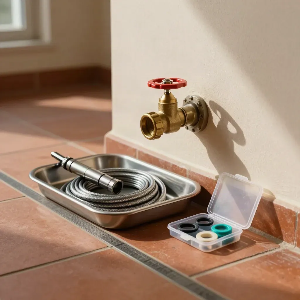 Coin de sécurité eau avec vanne, bac, lampe et kit de joints sur dalle terracotta.
