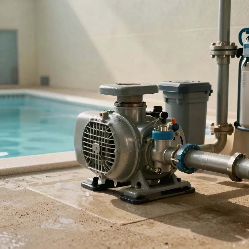 Pompe de piscine remise en route dans un local technique humide, tuyauterie claire et vapeur légère.