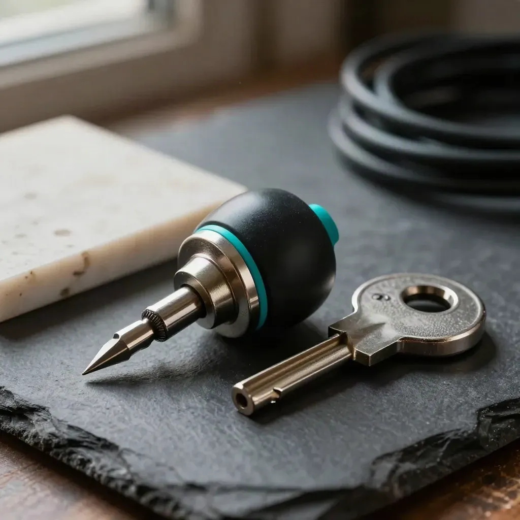 Gros plan d’un détecteur de fuite, d’une pointe de sonde et d’une clé d’arrêt sur table d’atelier sombre