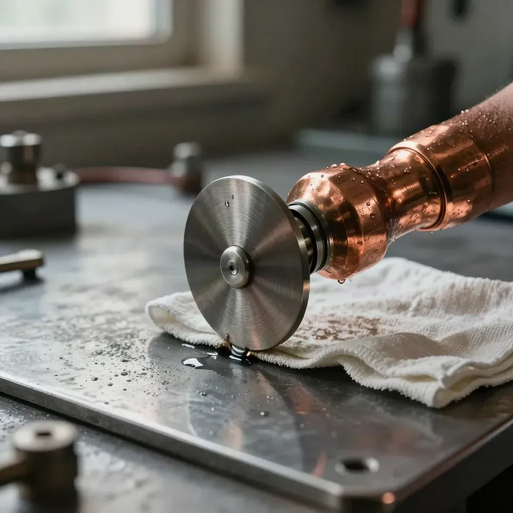 Coude cuivre humide, disque acoustique et chiffon sur plaque métallique, lumière dramatique.