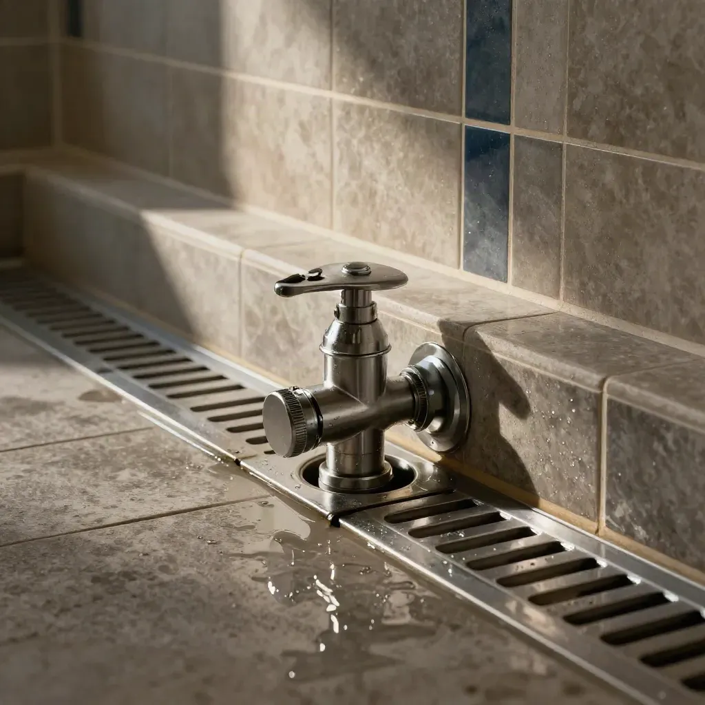 Drain et clapet anti-retour impeccables au bord d’un spa urbain, lumière dramatique sur carrelage humide