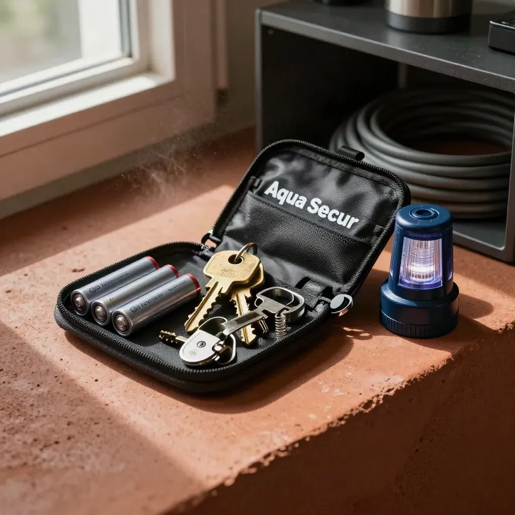 Trousse Aqua Secur avec clés, batteries, colliers et balise sur béton terracotta.