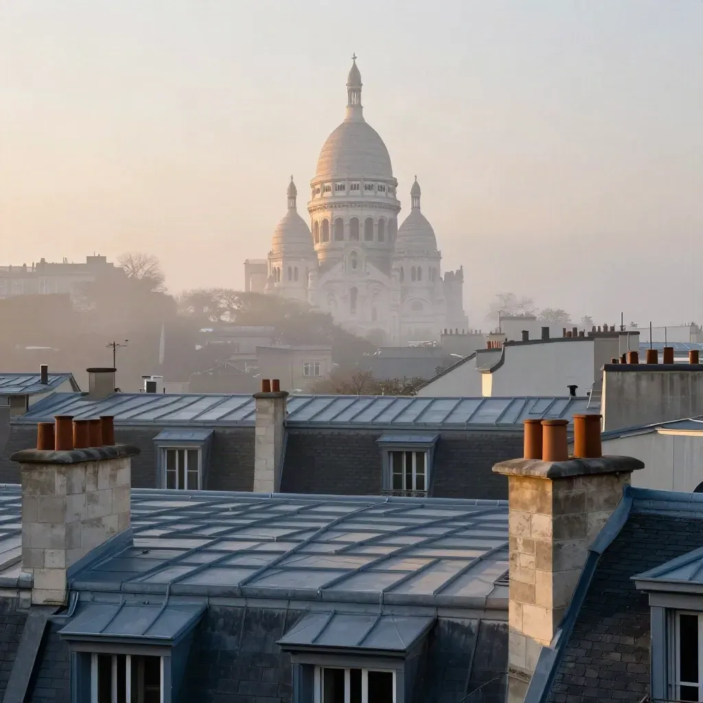 Toits de Paris dans la brume, dôme du Sacré-Cœur lointain, lumière douce du matin.