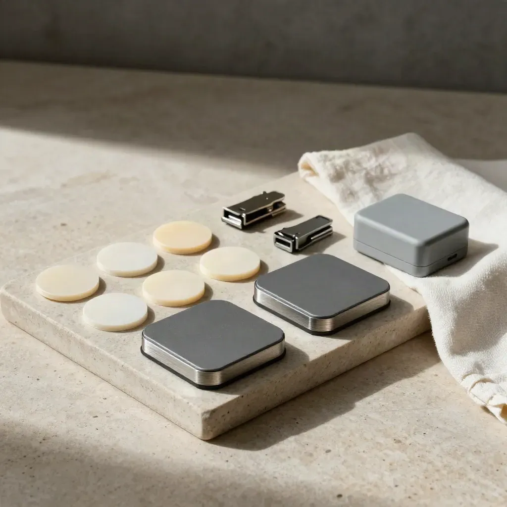 Capteurs de fuite, pastilles adhésives et module batterie sur plateau de pierre, lumière douce.