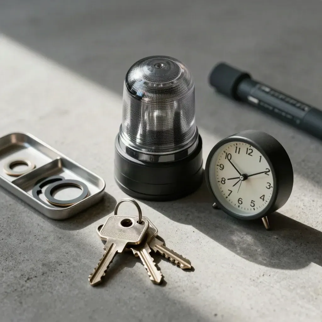 Balise d’alerte, clés de service, joints et petite horloge sur béton gris.