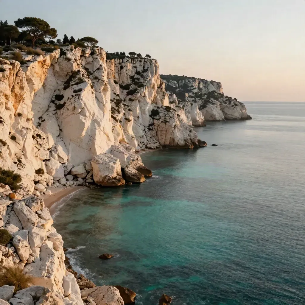 Falaises calcaires de Provence-Alpes-Côte d’Azur, mer turquoise et lumière dorée.