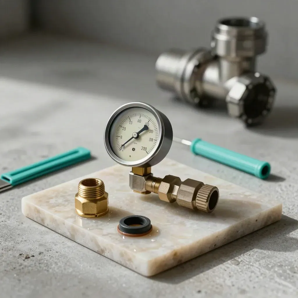 Manomètre, bouchon de test et joint humide sur une surface minérale, en lumière douce.