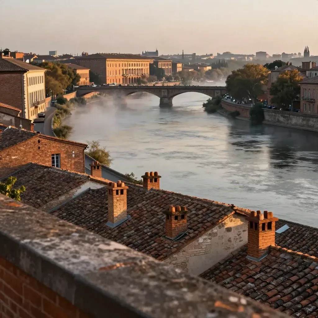 Toits de brique rose de Toulouse au-dessus de la Garonne dans une brume chaude du soir.