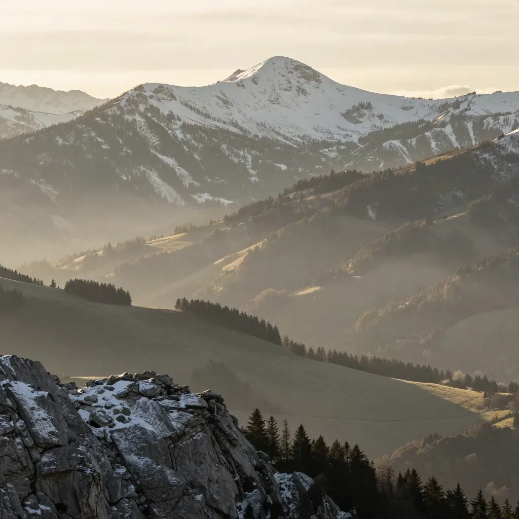 Crête alpine enneigée sur une vallée brumeuse d’Auvergne-Rhône-Alpes.