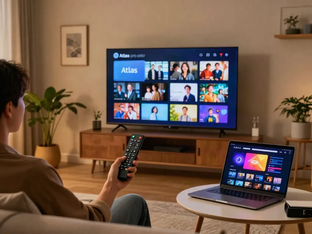 Expérience moderne avec Atlas pro ontv dans un salon élégant, télévision intelligente et ambiance chaleureuse.