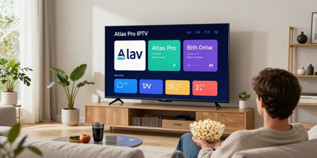 Person utilisant l'application atlas pro iptv dans un salon moderne avec un décor accueillant.